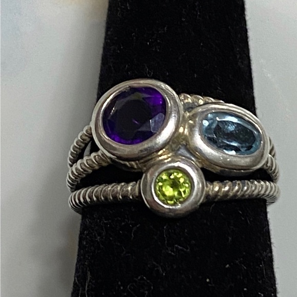 Vintage Sterling Amethyst, Peridot, & Blue Topaz Size 8 Ring - Picture 1 of 6